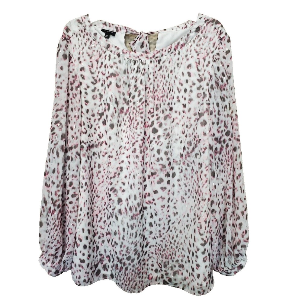 Talbots Plus Snow Leopard Metallic Tie-Back Long Sleeve Lined Blouse Size 2X